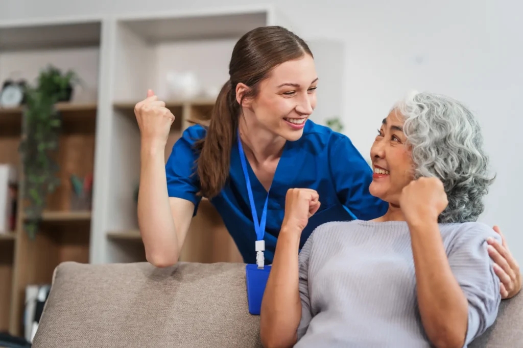 Caring female caregiver offering words of encouragement to a senior in Carroll County, Maryland.