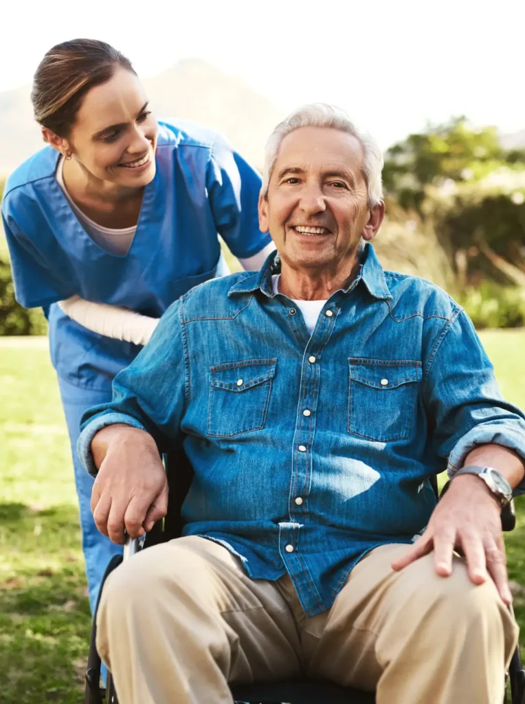 Caring female in-home care nurse outdoors in Frederick County, Maryland.