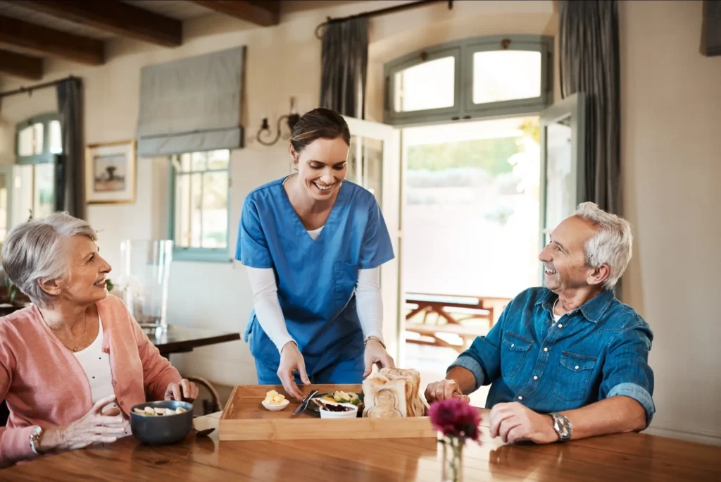 Attentive in-home care nurse checking on elderly couple in Washington County, Maryland