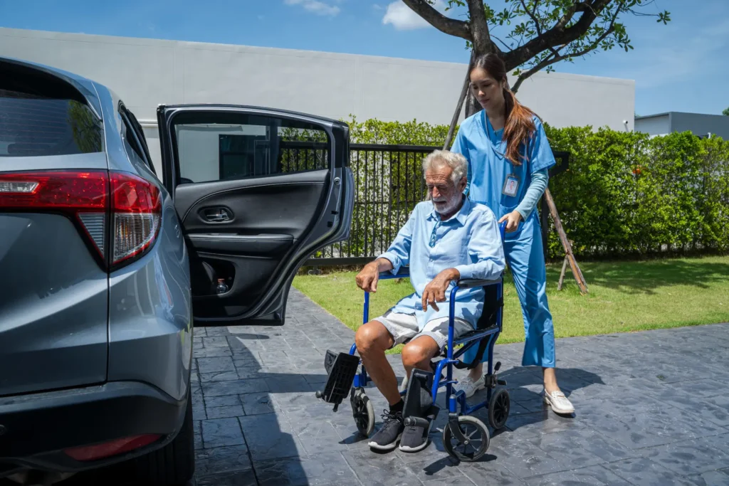 Compassionate in-home care providing transportation assistance for disabled senior man in a wheelchair in Washington County, Maryland